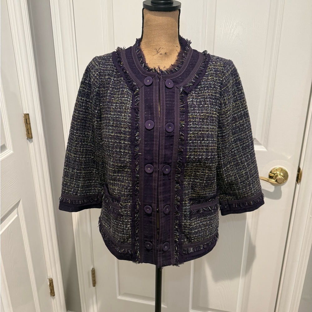 Chico's Deep Purple Tweed Boxy Blazer with Fringe Trim